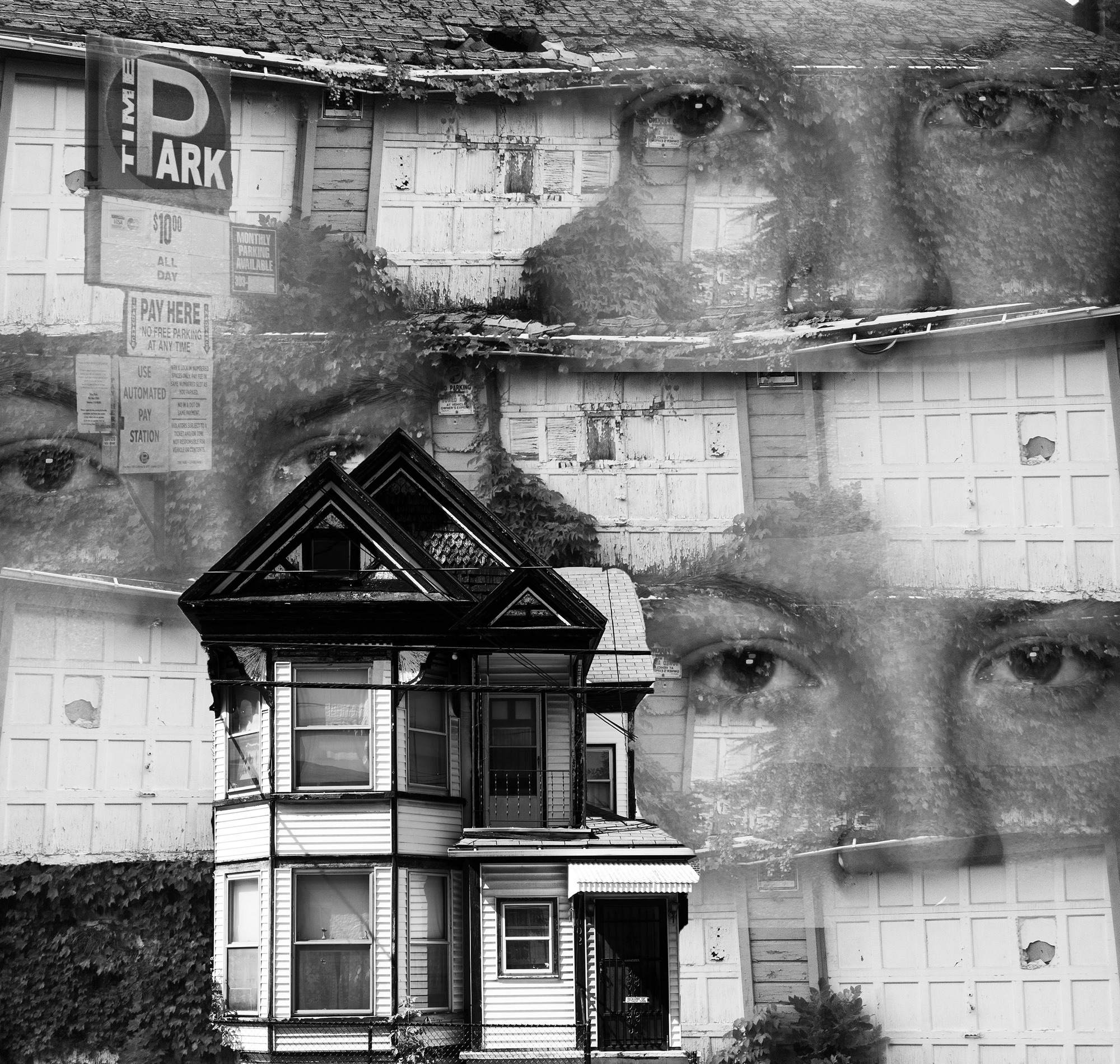 Double-exposure of a face and a house